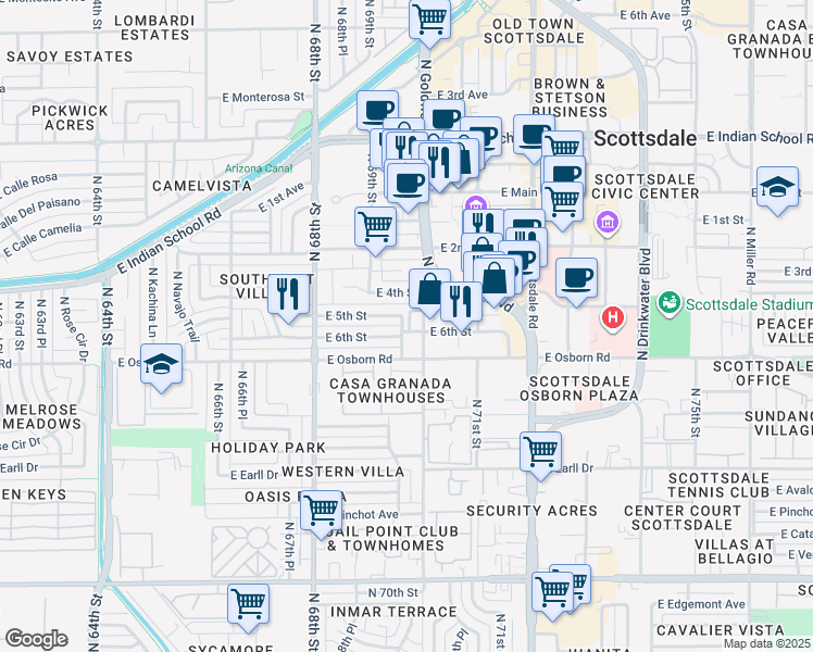 map of restaurants, bars, coffee shops, grocery stores, and more near 6925 East 5th Street in Scottsdale