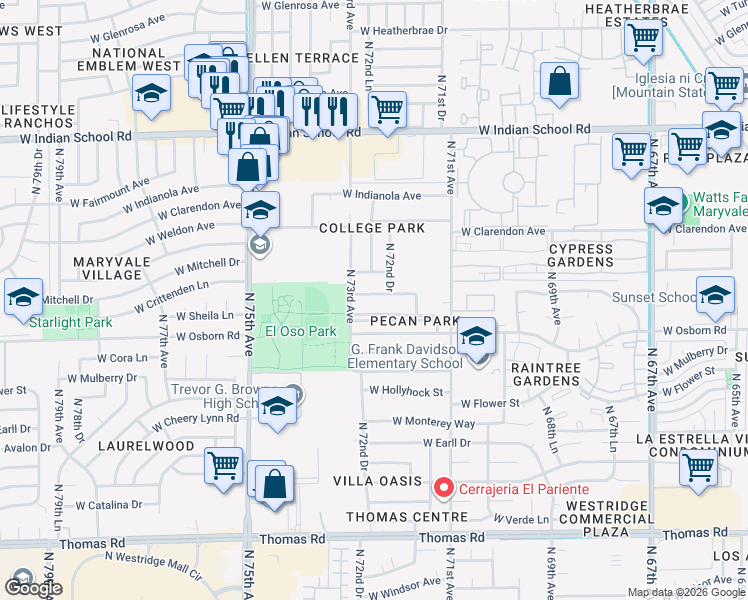 map of restaurants, bars, coffee shops, grocery stores, and more near 7206 West Sunderland Avenue in Phoenix