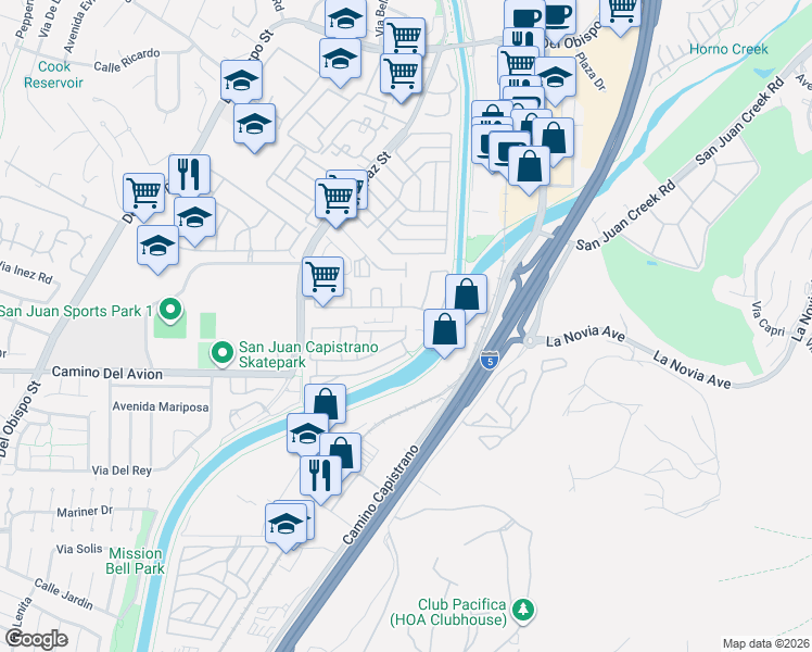 map of restaurants, bars, coffee shops, grocery stores, and more near 26472 Paseo Toscana in San Juan Capistrano