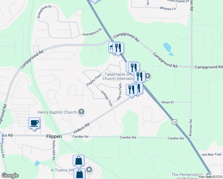 map of restaurants, bars, coffee shops, grocery stores, and more near 608 Waterford Lane in McDonough