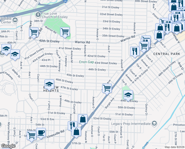 map of restaurants, bars, coffee shops, grocery stores, and more near 1428 45th Street Ensley in Birmingham