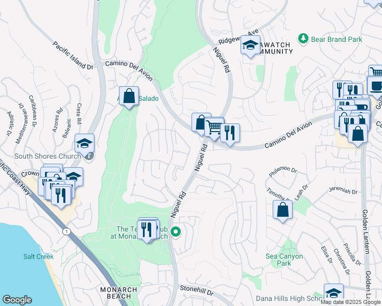 map of restaurants, bars, coffee shops, grocery stores, and more near 16 Corniche Drive in Dana Point