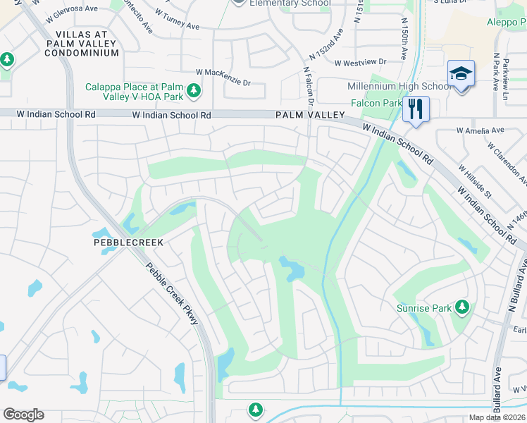 map of restaurants, bars, coffee shops, grocery stores, and more near 3691 North 153rd Lane in Goodyear