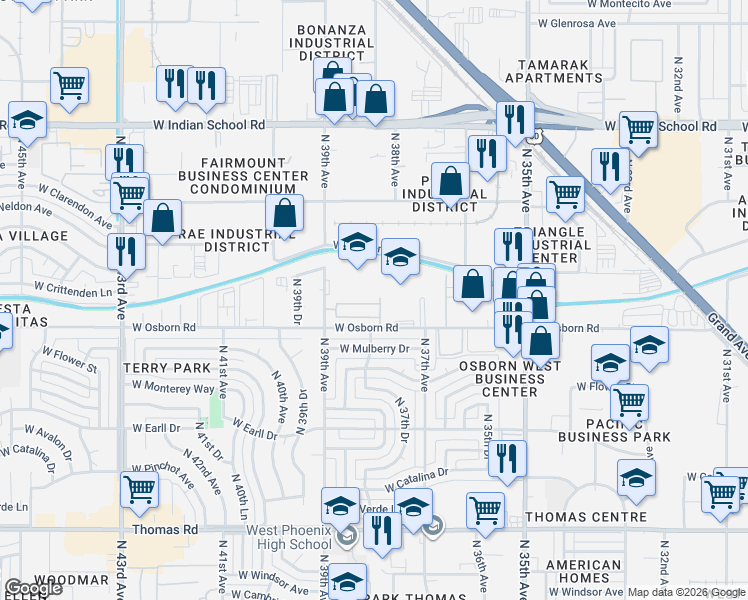 map of restaurants, bars, coffee shops, grocery stores, and more near 3824 West Mitchell Drive in Phoenix