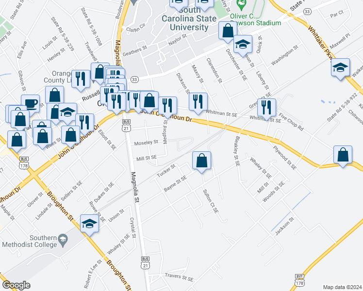 map of restaurants, bars, coffee shops, grocery stores, and more near 986 Moseley Street in Orangeburg