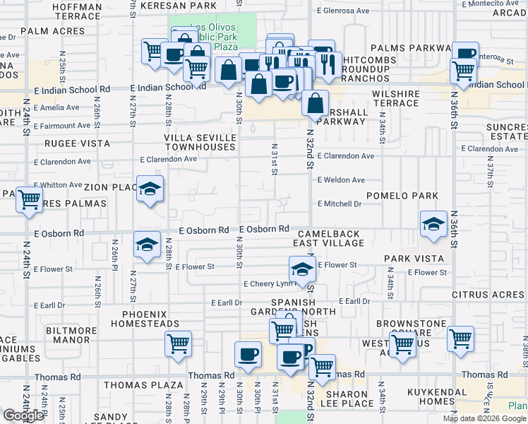 map of restaurants, bars, coffee shops, grocery stores, and more near 3431 North 31st Street in Phoenix