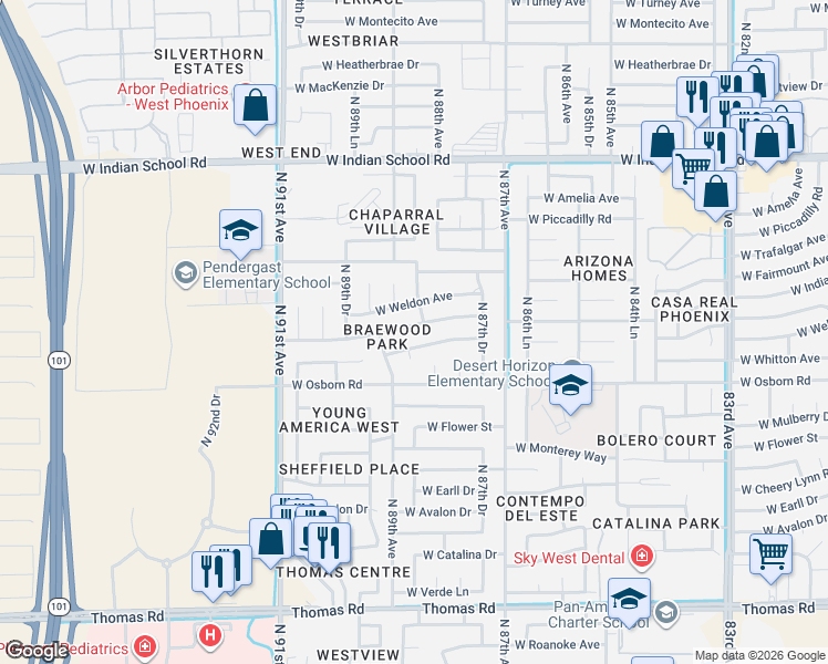 map of restaurants, bars, coffee shops, grocery stores, and more near 8822 West Columbus Avenue in Phoenix