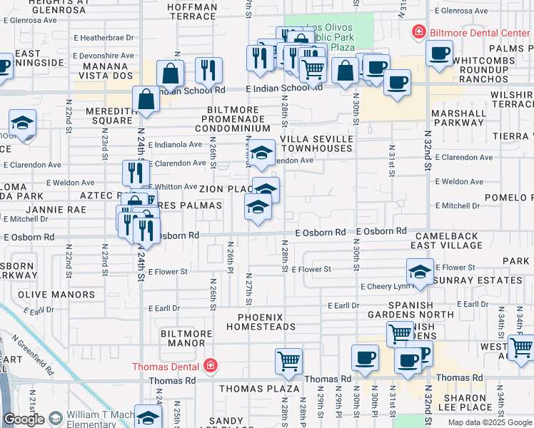 map of restaurants, bars, coffee shops, grocery stores, and more near 2702 East Osborn Road in Phoenix