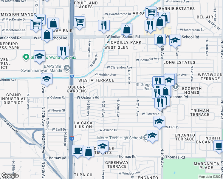 map of restaurants, bars, coffee shops, grocery stores, and more near 3618 North 22nd Drive in Phoenix