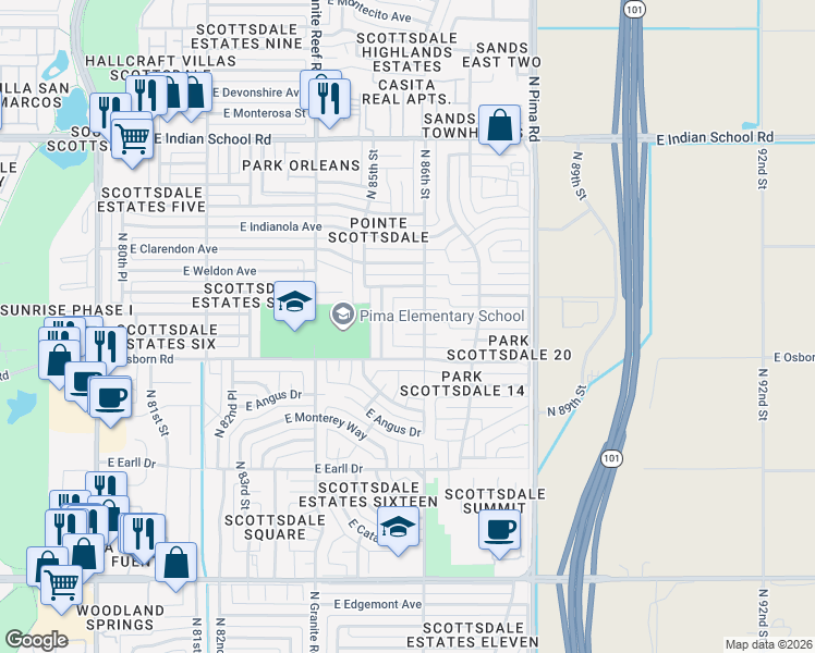 map of restaurants, bars, coffee shops, grocery stores, and more near 8531 East Whitton Avenue in Scottsdale