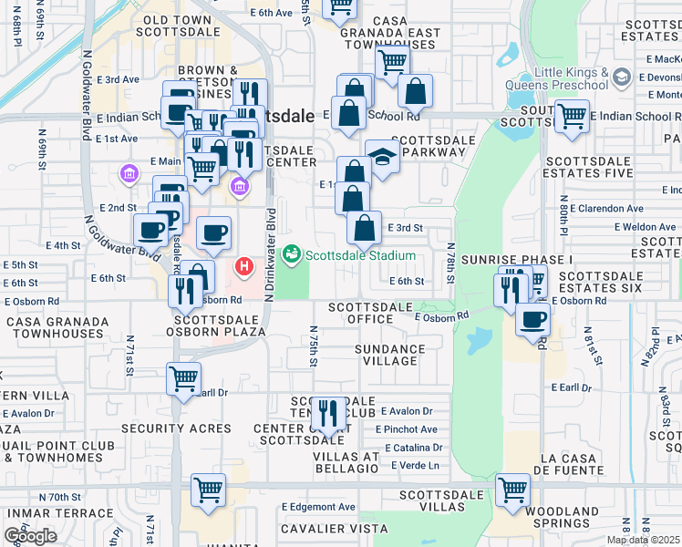 map of restaurants, bars, coffee shops, grocery stores, and more near 3524 North Miller Road in Scottsdale