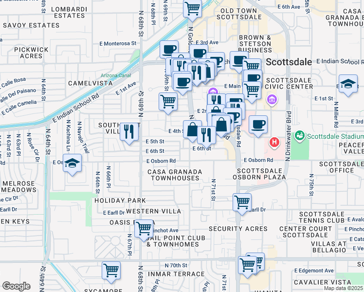 map of restaurants, bars, coffee shops, grocery stores, and more near 6925 East 5th Street in Scottsdale