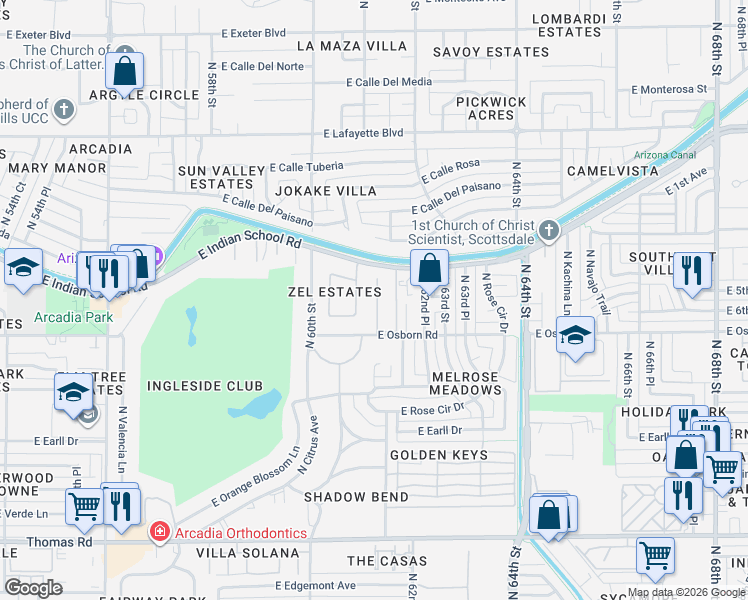 map of restaurants, bars, coffee shops, grocery stores, and more near 6125 East Indian School Road in Phoenix