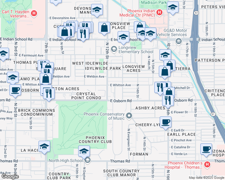 map of restaurants, bars, coffee shops, grocery stores, and more near 3515 North 12th Street in Phoenix