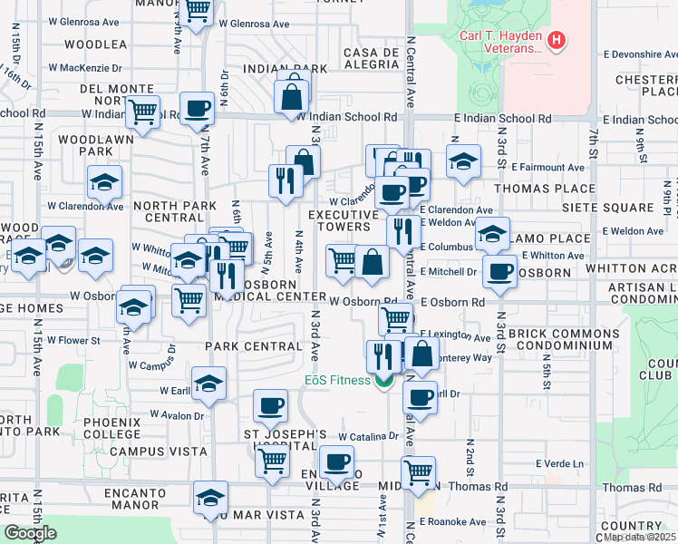 map of restaurants, bars, coffee shops, grocery stores, and more near 3600 North 2nd Avenue in Phoenix