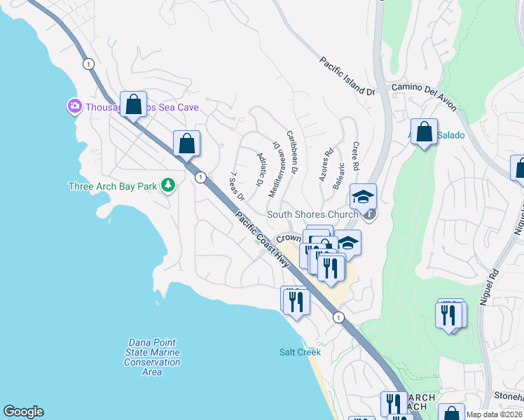 map of restaurants, bars, coffee shops, grocery stores, and more near 32681 Mediterranean Drive in Dana Point