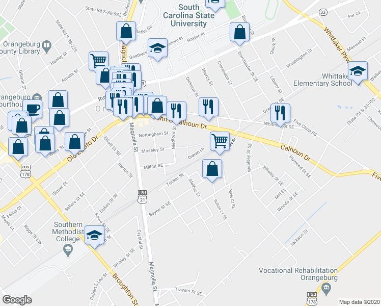 map of restaurants, bars, coffee shops, grocery stores, and more near 914 Moseley Street in Orangeburg