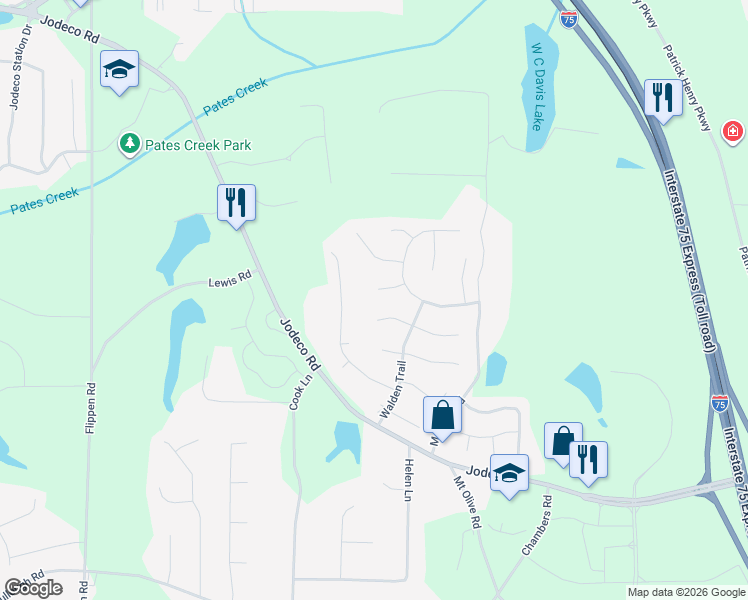 map of restaurants, bars, coffee shops, grocery stores, and more near 309 Indian Forest Drive in Stockbridge