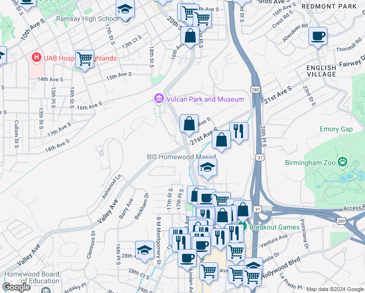 map of restaurants, bars, coffee shops, grocery stores, and more near 1900 21st Avenue South in Birmingham