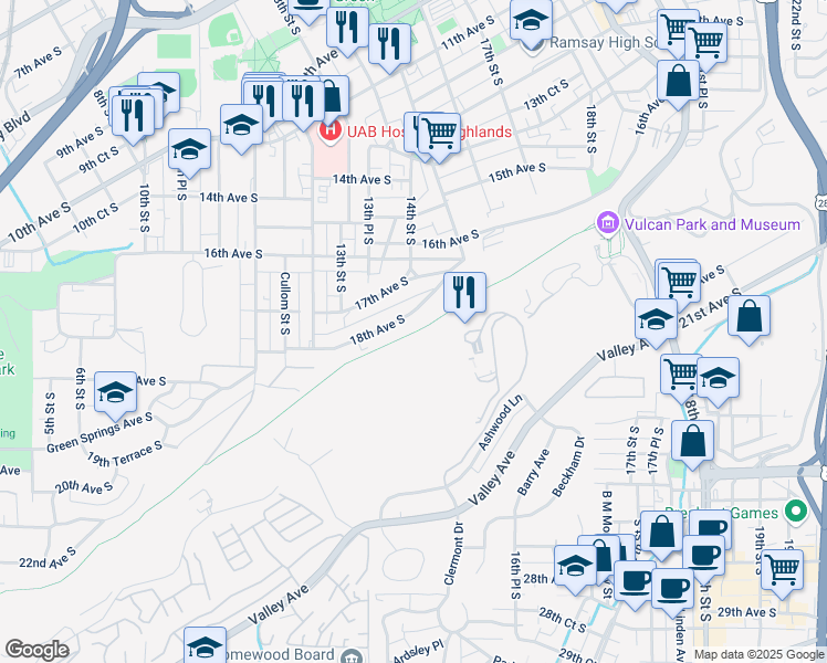map of restaurants, bars, coffee shops, grocery stores, and more near 1337 18th Avenue South in Birmingham