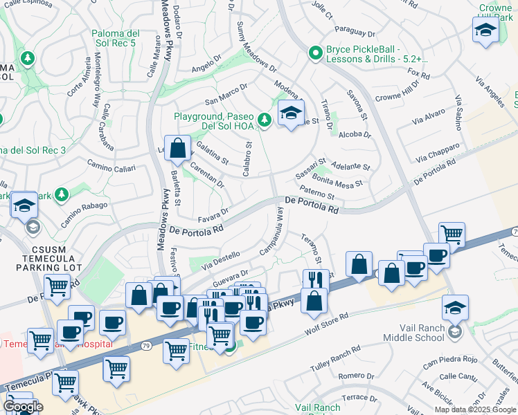 map of restaurants, bars, coffee shops, grocery stores, and more near De Portola Road in Temecula