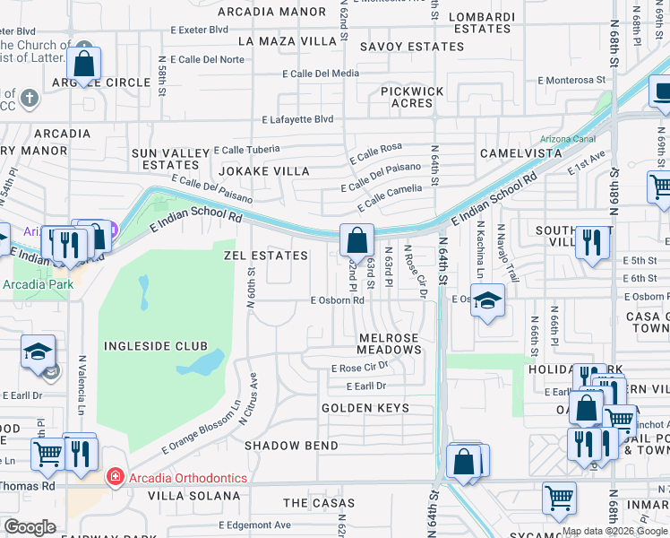 map of restaurants, bars, coffee shops, grocery stores, and more near 6157 East Indian School Road in Scottsdale