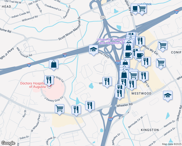 map of restaurants, bars, coffee shops, grocery stores, and more near 309 Caldwell Circle in Augusta