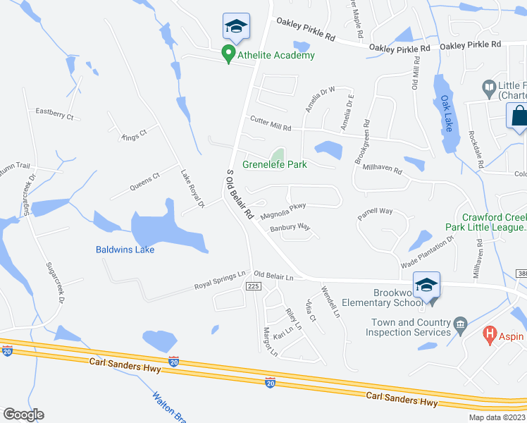 map of restaurants, bars, coffee shops, grocery stores, and more near 2005 Magnolia Parkway in Grovetown