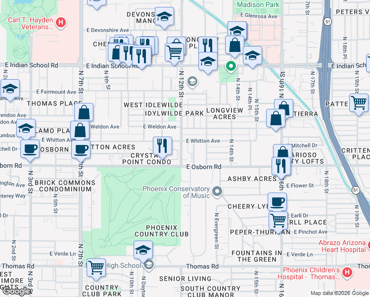 map of restaurants, bars, coffee shops, grocery stores, and more near 3515 North 12th Street in Phoenix