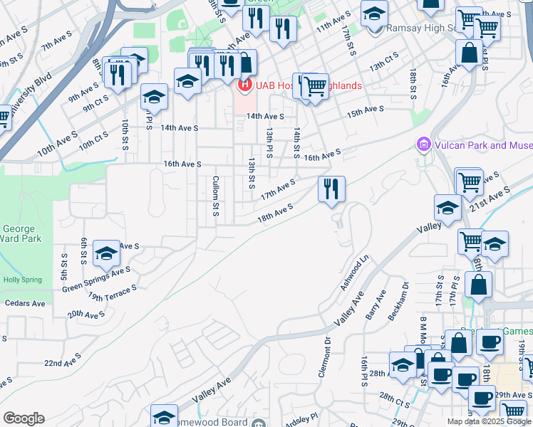 map of restaurants, bars, coffee shops, grocery stores, and more near 1310 18th Avenue South in Birmingham
