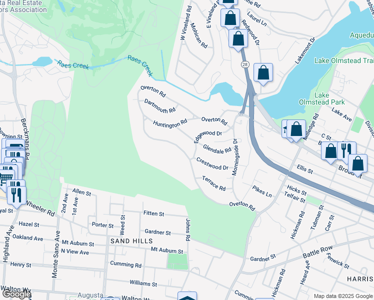 map of restaurants, bars, coffee shops, grocery stores, and more near 2235 Overton Road in Augusta