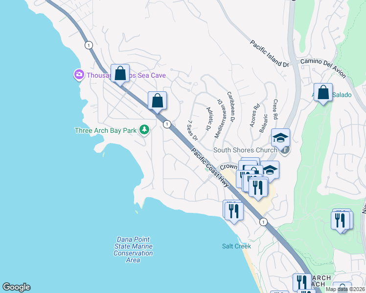 map of restaurants, bars, coffee shops, grocery stores, and more near 230 Monarch Bay Drive in Dana Point