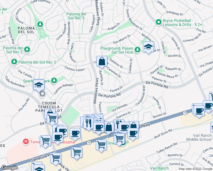 map of restaurants, bars, coffee shops, grocery stores, and more near 43959 Larino Court in Temecula