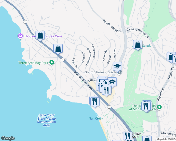 map of restaurants, bars, coffee shops, grocery stores, and more near 32711 Caribbean Drive in Dana Point