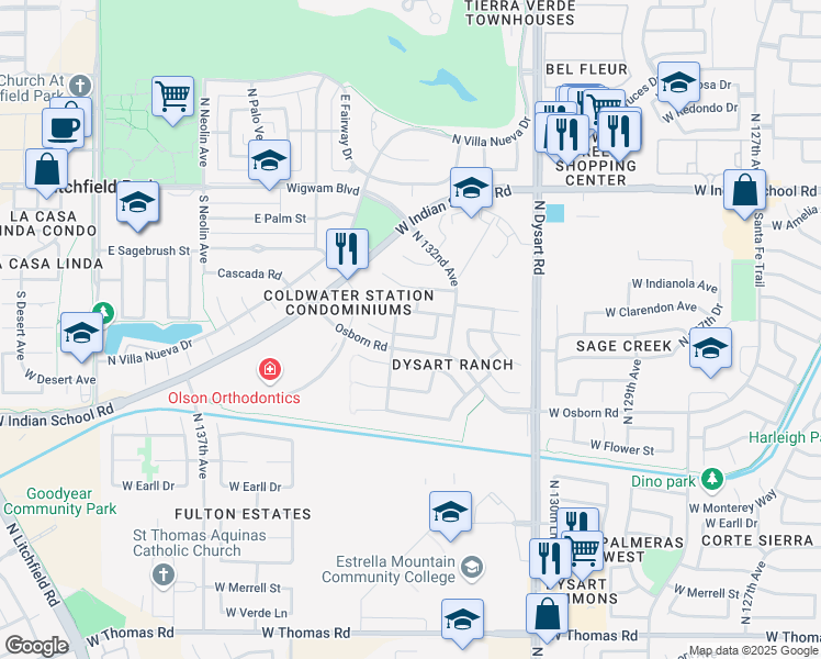 map of restaurants, bars, coffee shops, grocery stores, and more near 13270 West Clarendon Avenue in Litchfield Park