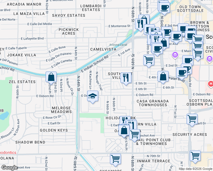 map of restaurants, bars, coffee shops, grocery stores, and more near 6548 East 5th Street in Scottsdale