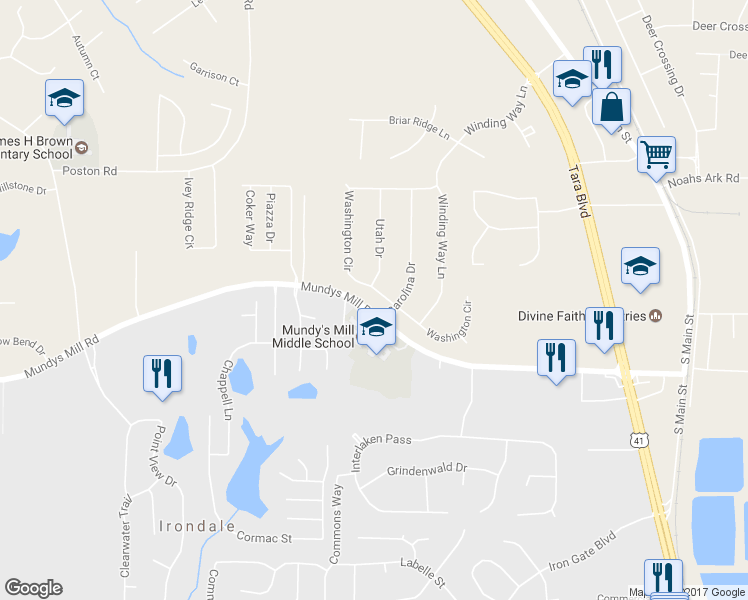 map of restaurants, bars, coffee shops, grocery stores, and more near 9749 Washington Circle in Jonesboro