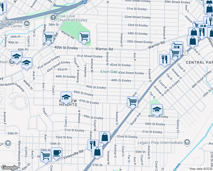 map of restaurants, bars, coffee shops, grocery stores, and more near 1348 45th Street Ensley in Birmingham