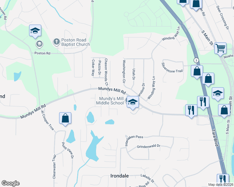 map of restaurants, bars, coffee shops, grocery stores, and more near 9733 Washington Circle in Jonesboro