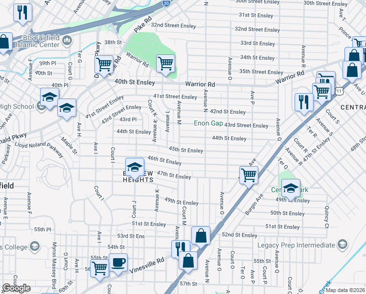 map of restaurants, bars, coffee shops, grocery stores, and more near 1208 45th Street Ensley in Birmingham