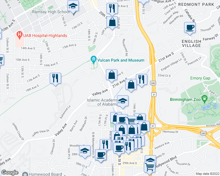 map of restaurants, bars, coffee shops, grocery stores, and more near 1900 21st Avenue South in Birmingham