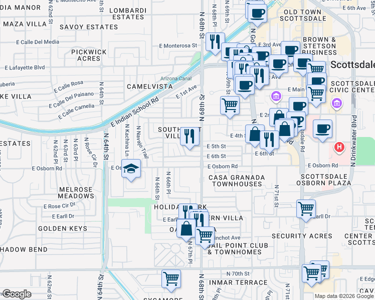 map of restaurants, bars, coffee shops, grocery stores, and more near 3513 North Apache Way in Scottsdale