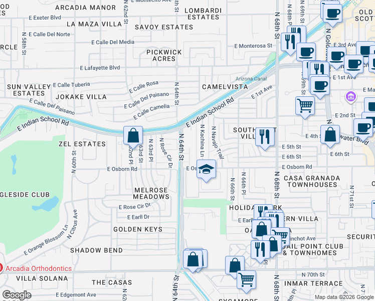map of restaurants, bars, coffee shops, grocery stores, and more near 3513 North 64th Street in Scottsdale