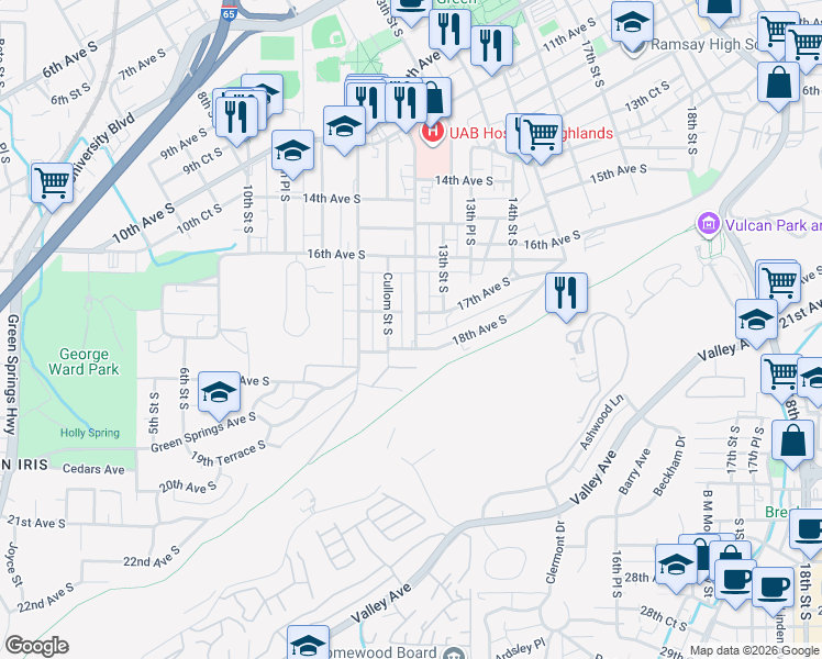 map of restaurants, bars, coffee shops, grocery stores, and more near 1215 17th Avenue South in Birmingham
