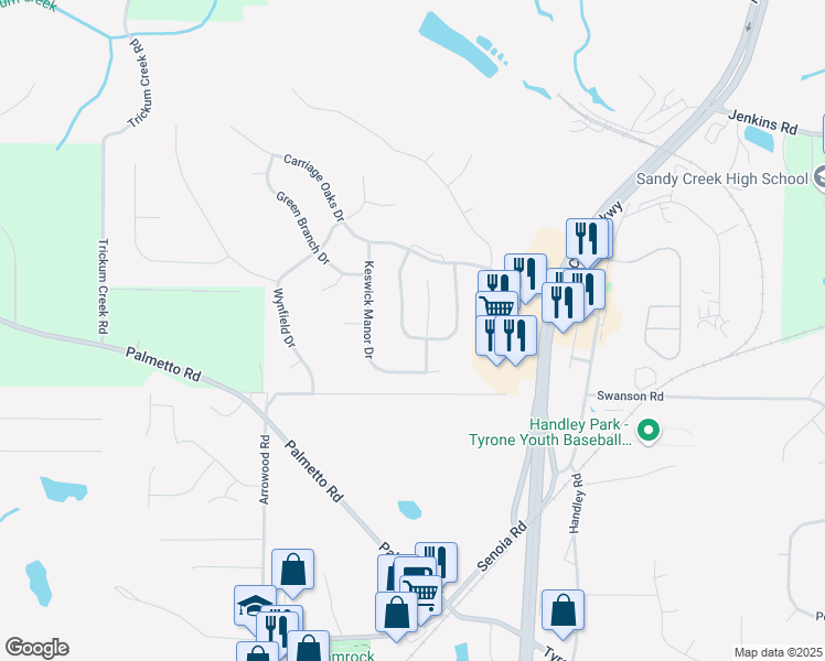 map of restaurants, bars, coffee shops, grocery stores, and more near 120 Village Green Circle in Tyrone