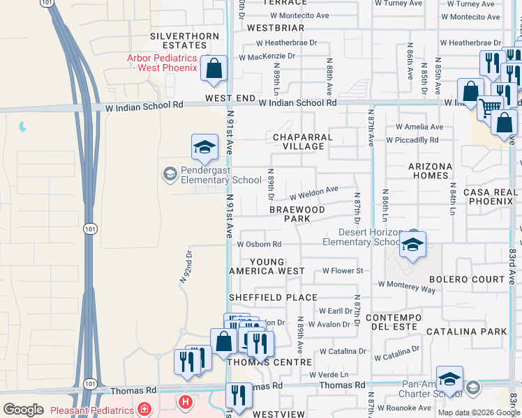 map of restaurants, bars, coffee shops, grocery stores, and more near 3614 North 90th Avenue in Phoenix