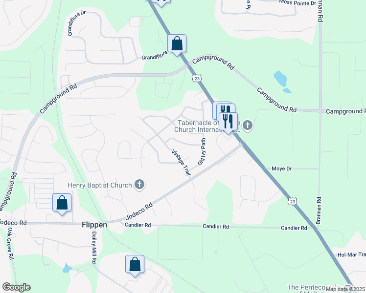 map of restaurants, bars, coffee shops, grocery stores, and more near 612 Waterford Lane in McDonough