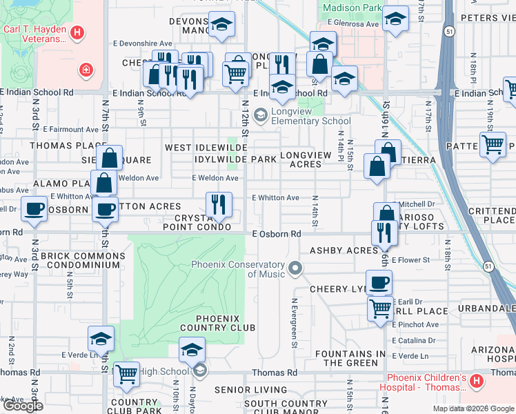 map of restaurants, bars, coffee shops, grocery stores, and more near 3432 North 12th Place in Phoenix