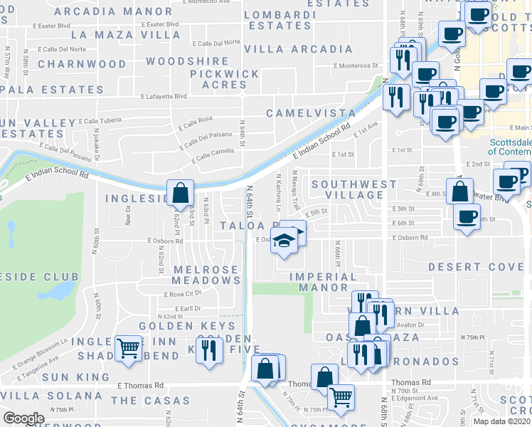 map of restaurants, bars, coffee shops, grocery stores, and more near 3513 North 64th Street in Scottsdale