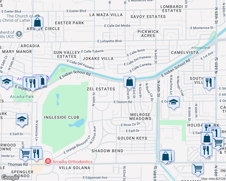 map of restaurants, bars, coffee shops, grocery stores, and more near 6125 East Indian School Road in Phoenix